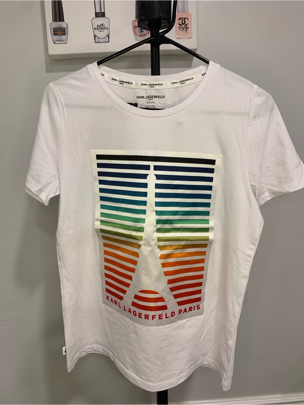 Karl Lagerfeld White Tee with Rainbow Striped Logo - GB004